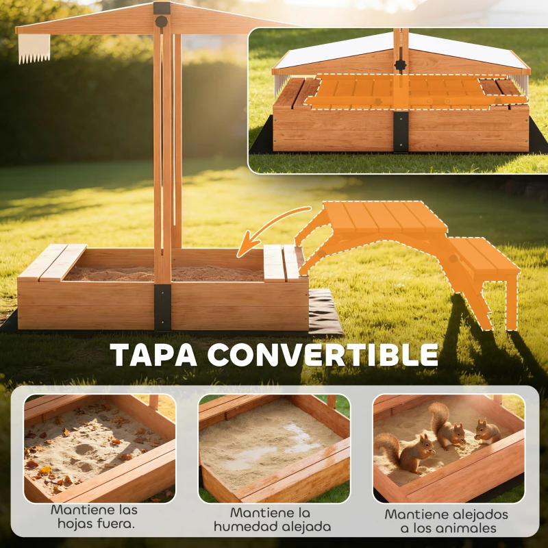 AIYAPLAY Arenero para Niños de Madera con Toldo Ajustable Mesa de Picnic con Bancos 6 Niños de 3-8 Años 184x110x120 cm Marrón