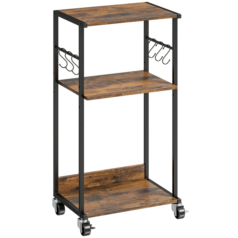 HOMCOM Table d'imprimante industrielle 3 niveaux, roues et crochets, Marron Rustique.