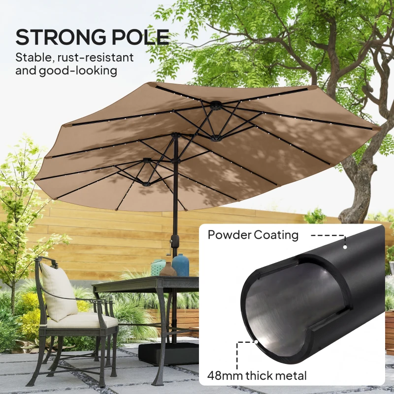 Outsunny Patio Umbrella Double-Sided Outdoor Umbrella with Solar Lights Base, Khaki