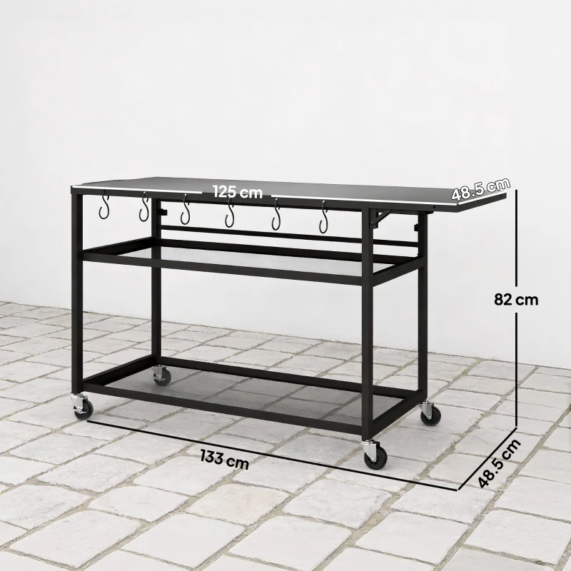 Outsunny Măsuță de grădină cărucior de grătar pe roți cu Blat Lateral Pliabil, Trei Rafturi, 133 x 48,5 x 82 cm, Negru