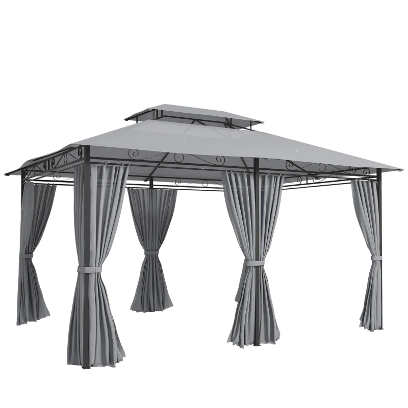 Outsunny Pavillon de jardin, pavillon d'extérieur avec rideaux, toit ventilé, gris foncé