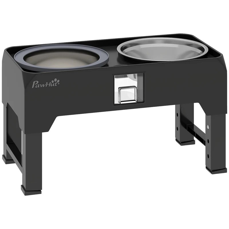 PawHut Gamelle surélevée réglable, gamelle avec bol d'eau, 2 bols en acier inoxydable pour chiens petits à grands, noir
