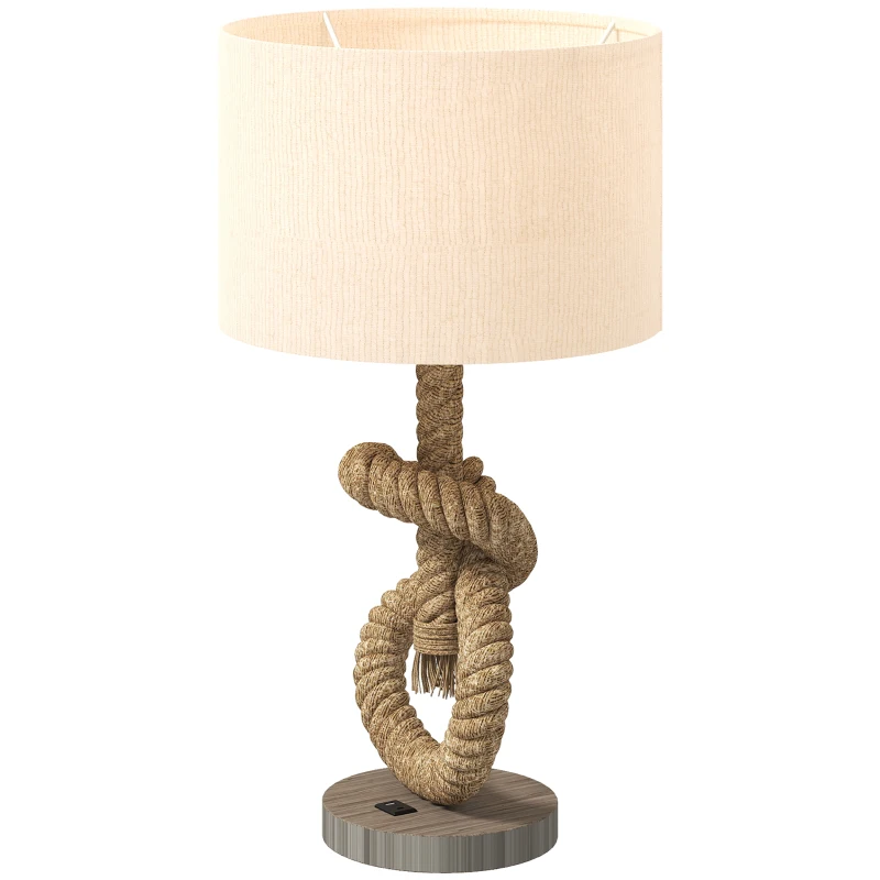 HOMCOM Lampka stołowa w stylu marynistycznym z portem USB, ciepły dekor z sznura, 30x30x55 cm
