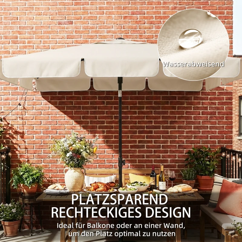 Outsunny Sonnenschirm 183 x 122 cm, Wasserabweisend Balkonschirm mit 3-fach Neigung Kurbel Kurbelschirm mit 8 Streben Beige
