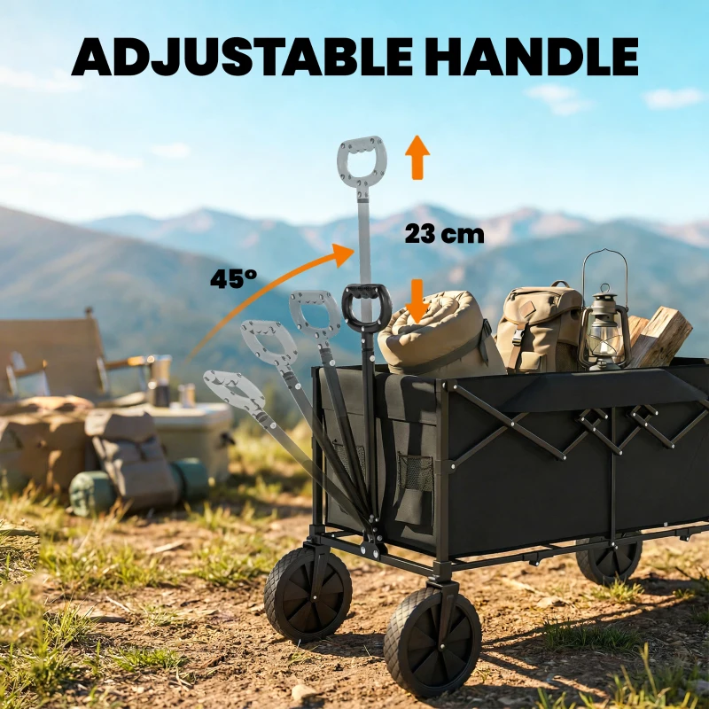 Outsunny 95L Foldable Festival Trolley on Wheels, Collapsible Wagon Cart with Adjustable Handle and 2 Cup Holders, Black