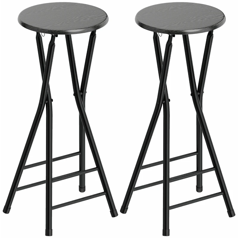 HOMCOM Lot de 2 Tabourets de Bar Pliants avec Double Repose-pieds, en Bois et Acier, 34x30x70 cm, Noir