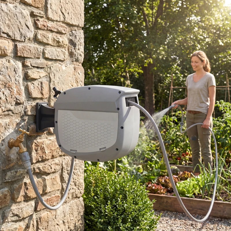 Outsunny Bobină furtun retractabil 10+1 m cu duză 2 moduri blocare automată și retragere controlată suport gri