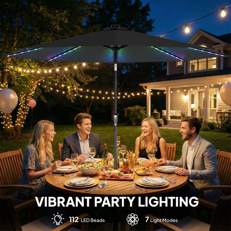 Outsunny 3 m Garden Parasol Umbrella with 112 Solar Powered LED Lights, Patio Umbrella with Crank Handle, Black