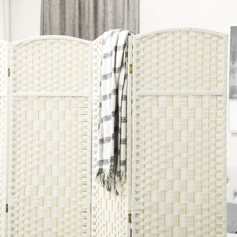 HOMCOM Parawan, 4-częściowa składana ścianka działowa, plecionka, drewno sosnowe, Biały