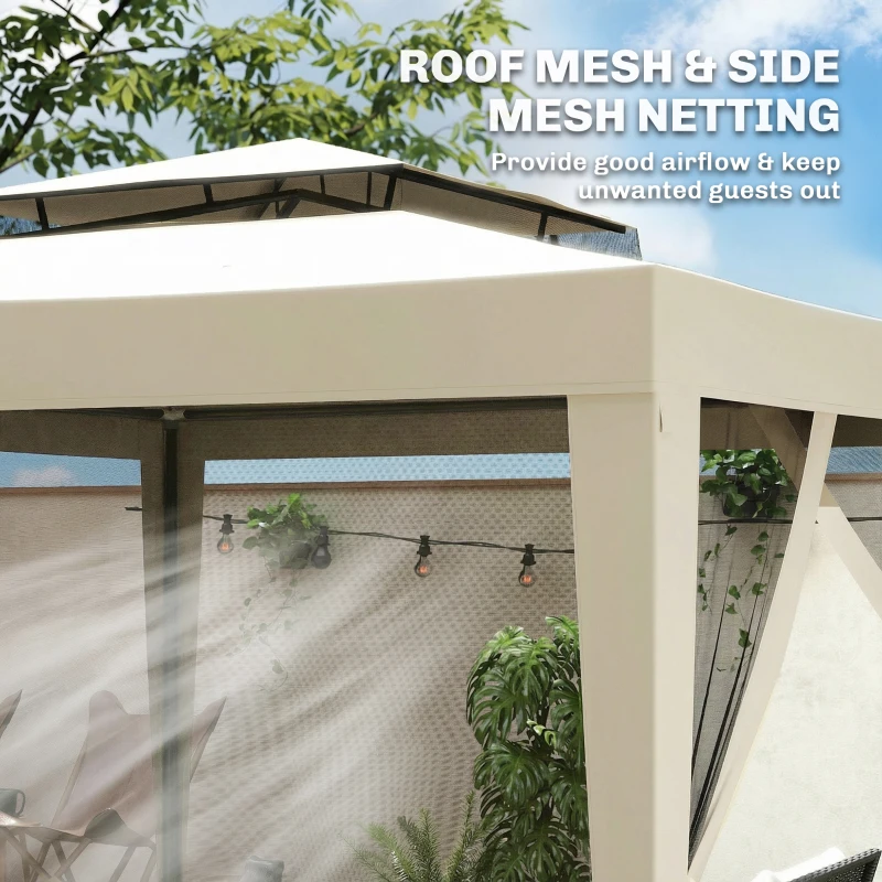 Outsunny 3 x 3 m Gazebo, Netting Party Tent, Patio Canopy Outdoor Event Shelter with Double Tier Roof, Beige