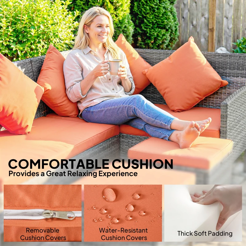 Outsunny 6-Seater Rattan Dining Set Sofa Table Footstool Outdoor w/ Cushion Garden Furniture, Orange