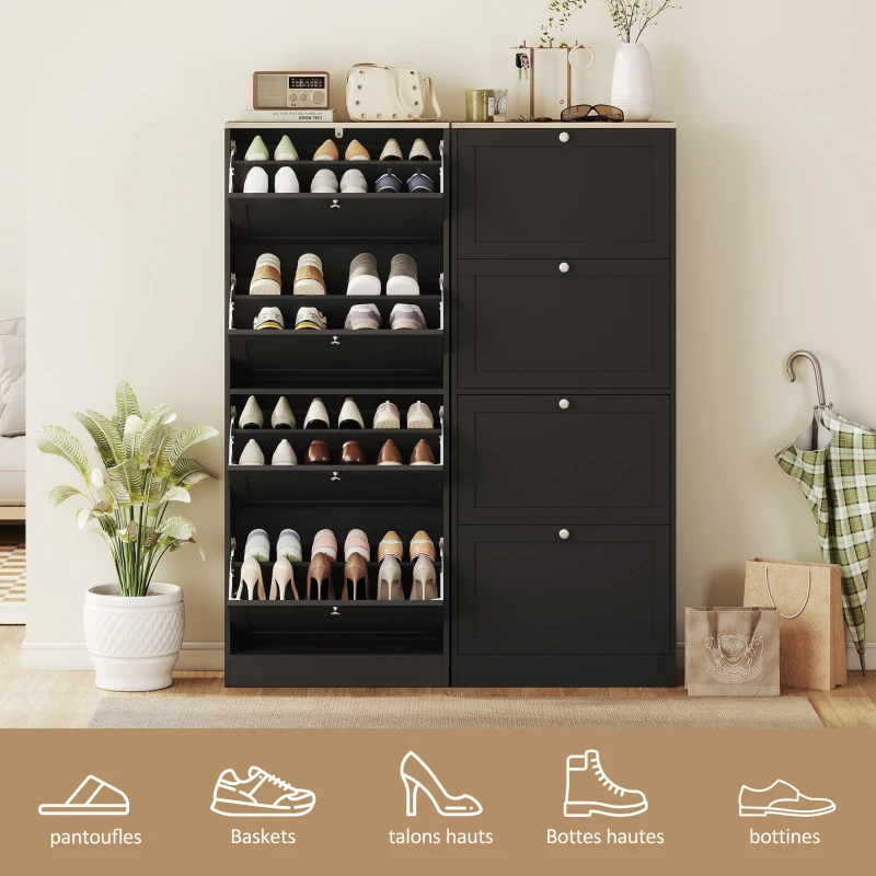 HOMCOM Meuble à chaussures 24 paires, armoire à chaussures avec 4 tiroirs rabattables, étagères réglables, 60x23,5x151cm, noir