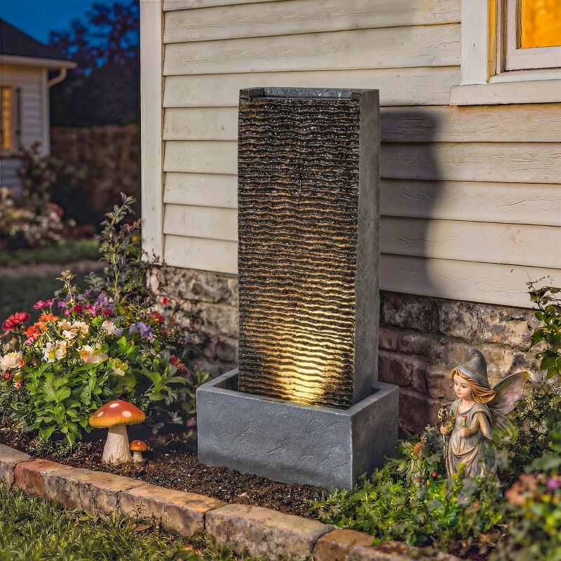 Outsunny Fontaine 2 niveaux Fontaine de jardin avec éclairage LED Pompe Effet granit 37,5 x 22 x 80 cm