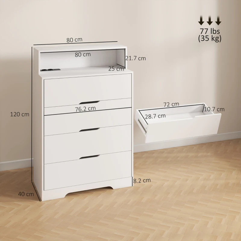 HOMCOM Cassettiera per Camera da Letto con Ripiano Aperto e Stazione di Ricarica, Porta USB e Porta USB-C, 80x40x120 cm, Bianco