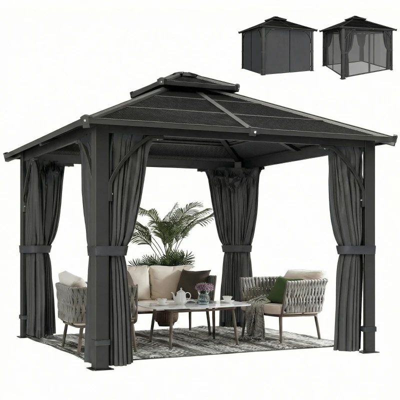 Outsunny 2.5 x 2.5 m Hardtop Gazebo Canopy with 7mm PC Roof, Garden Gazebo Permanent Pavilion with Netting, Curtains, Dark Grey
