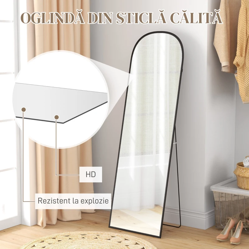 HOMCOM Oglindă de podea și perete modernă din aliaj de aluminiu cu suport pliabil, 50x161,5cm, negru
