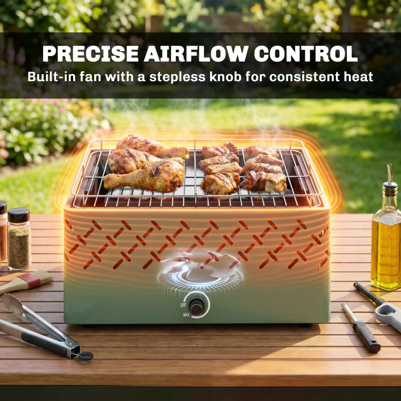 Outsunny Portable Charcoal BBQ Grill, Battery Powered Barbecue Grill with Built-in Fan for Camping Picnic, Light Green