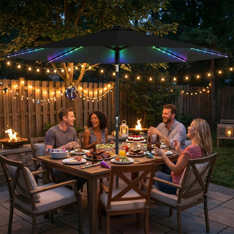 Outsunny 3 m Garden Parasol Umbrella with 112 Solar Powered LED Lights, Patio Umbrella with Crank Handle, Black