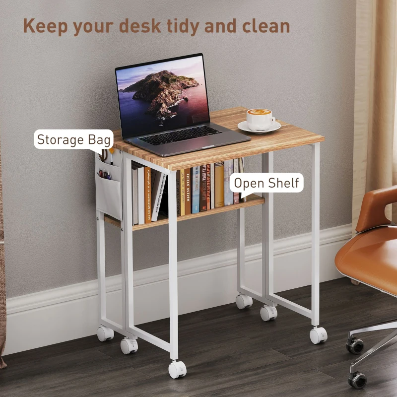 HOMCOM 63 cm Folding Desk with Storage Shelf and Drop Leaf on Wheels - Natural Wood Finish