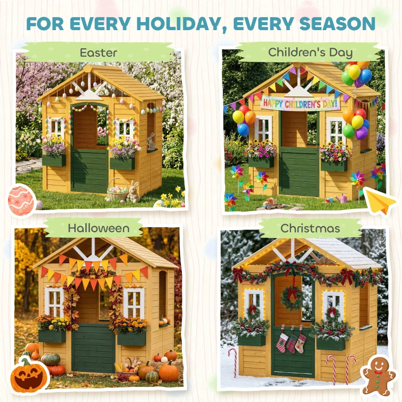 AIYAPLAY Casetta per Bambini in Legno, Casetta da Giardino Outdoor con Porta, 3 Finestre e 2 Fioriere, per Bambini 3-8 Anni, 134,5x97x150 cm, Marrone