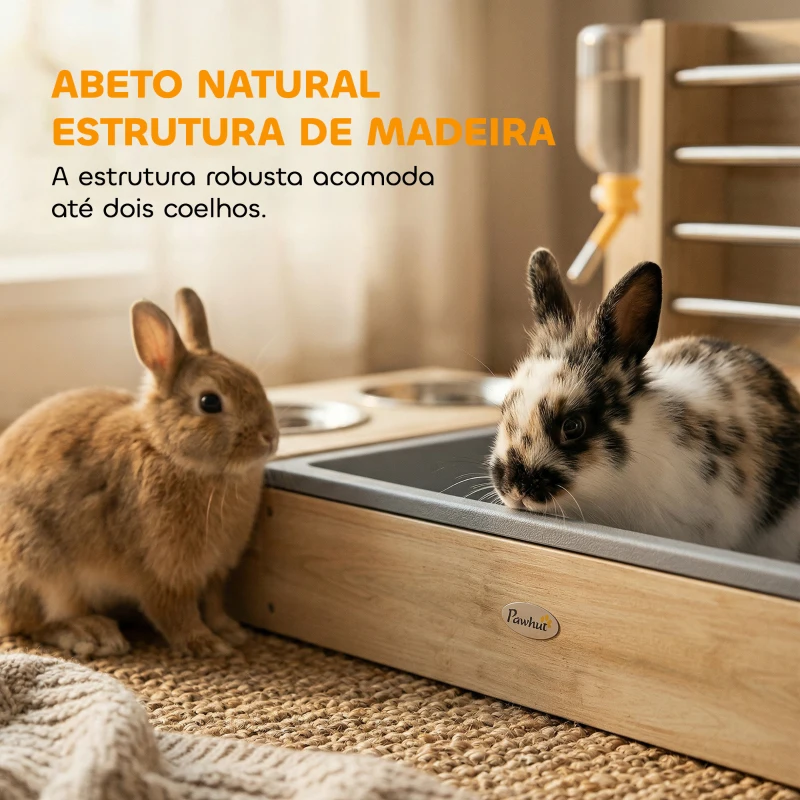 PawHut Comedouro de Feno para Coelhos com Bandeja, Alimentador de Feno em Madeira com Tigela de Aço Inoxidável e Bebedouro