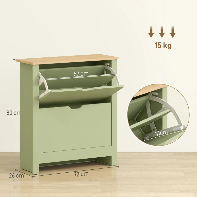 HOMCOM Meuble à chaussures 12 paires, armoire à chaussures étroite avec 2 tiroirs rabattables et étagères réglables, vert