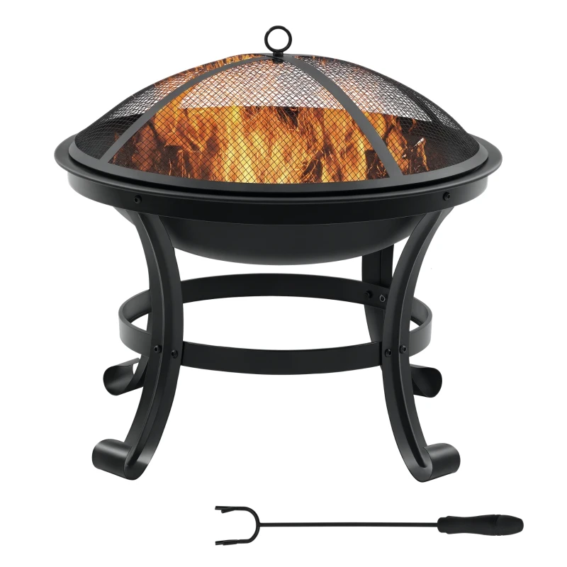 Outsunny Outdoor Fire Pit, Firepit with Mesh Lid, Poker, for Camping, Bonfire, Picnic, Black
