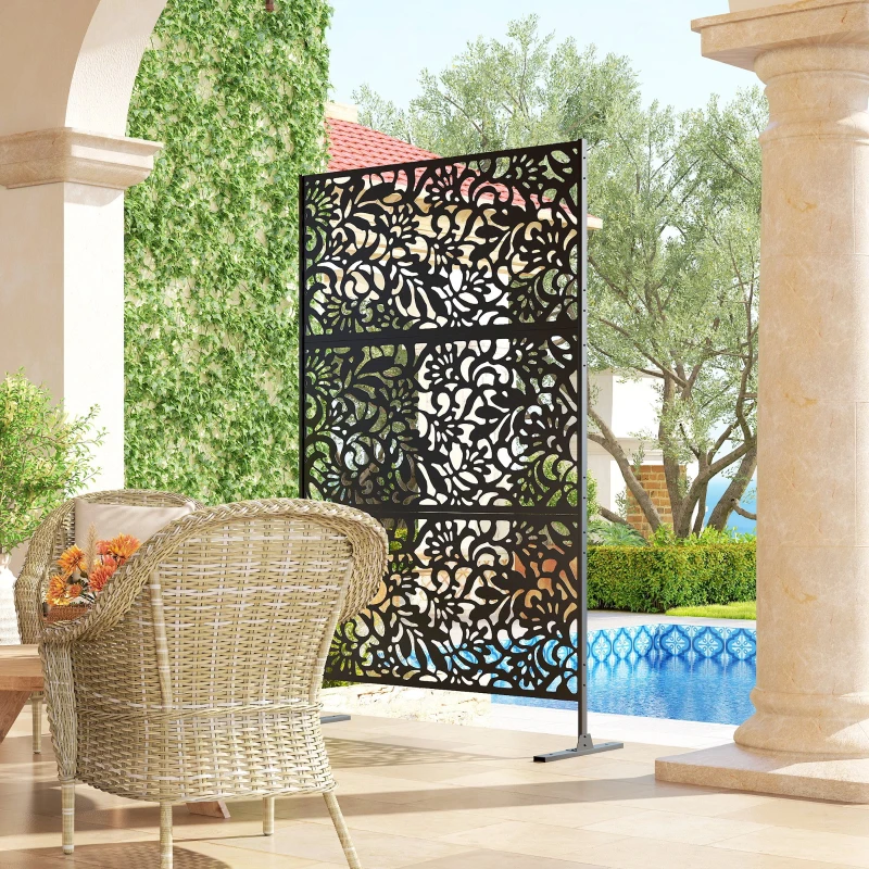 Outsunny Panou paravan decorativ exterior Claustra decorativă grădină 3 panouri cu model floral Oțel 122 x 45 x 198 cm Negru