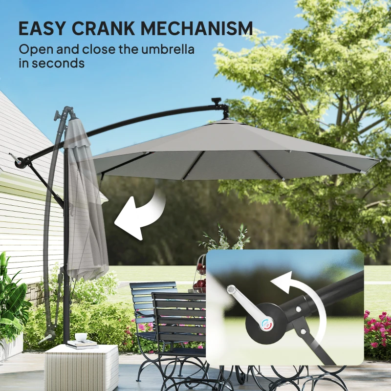 Outsunny 3 m Cantilever Parasol with Solar LED Lights Garden Umbrella with Cross Base, Light Grey