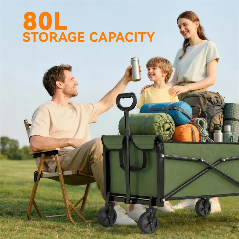Outsunny 81L Festival Trolley on Wheels, Compact Garden Folding Trolley Cart with Adjustable Handle 80L Green