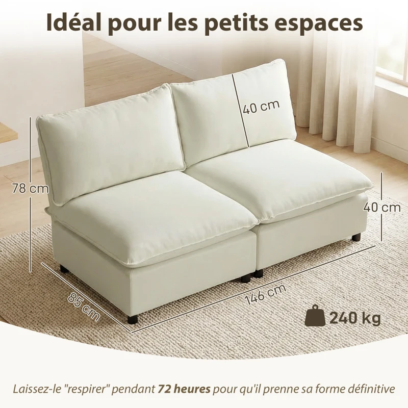 HOMCOM Modulares 2-Sitzer-Sofa, modernes 146 cm Wohnzimmersofa ohne Armlehnen mit breiter Sitzfläche, dicke Kissen, Creme