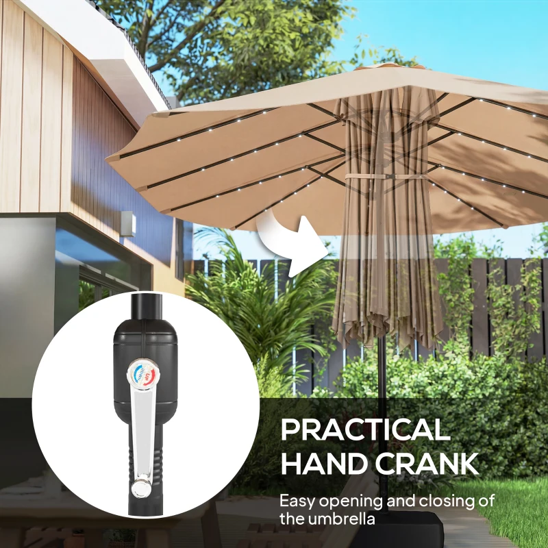 Outsunny Patio Umbrella Double-Sided Outdoor Umbrella with Solar Lights Base, Khaki