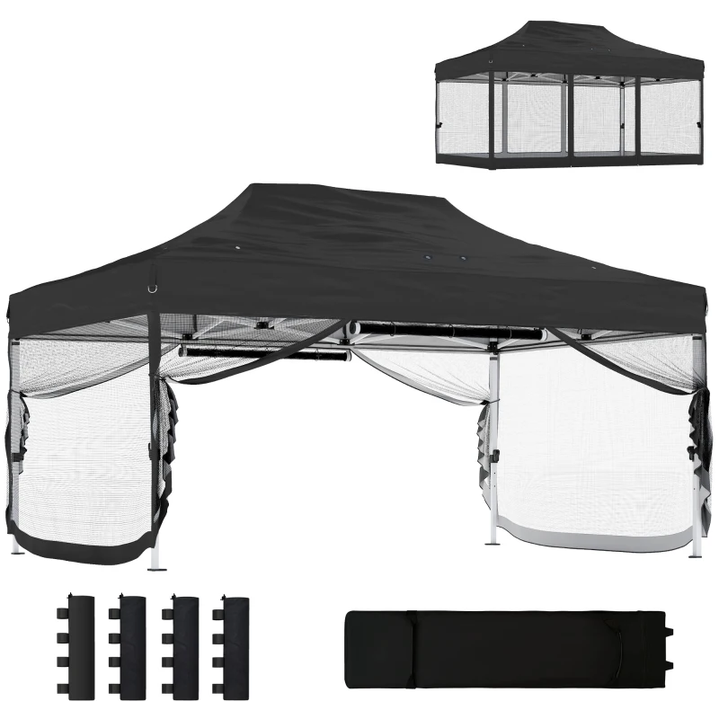 Outsunny 3 x 4.5 m Pop Up Gazebo with Mesh Nettings, UPF50+ Heavy Duty Outdoor Garden Party Tent Marquee, Black