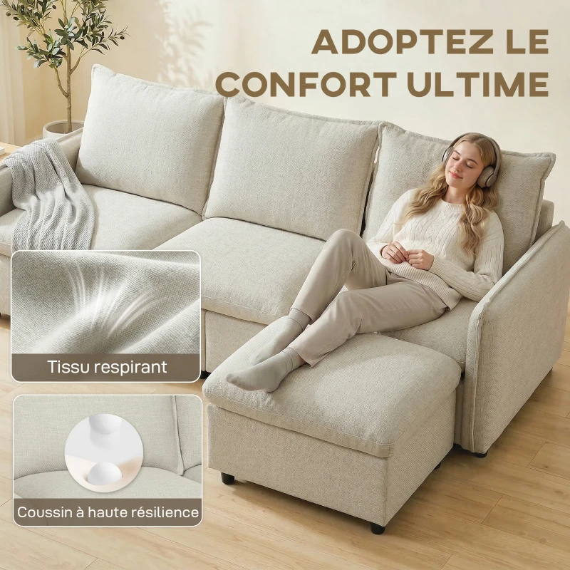HOMCOM Canapé 3 places avec pouf de rangement, canapé d'angle modulable 212 cm, coussins à ressorts, tissu en lin, crème