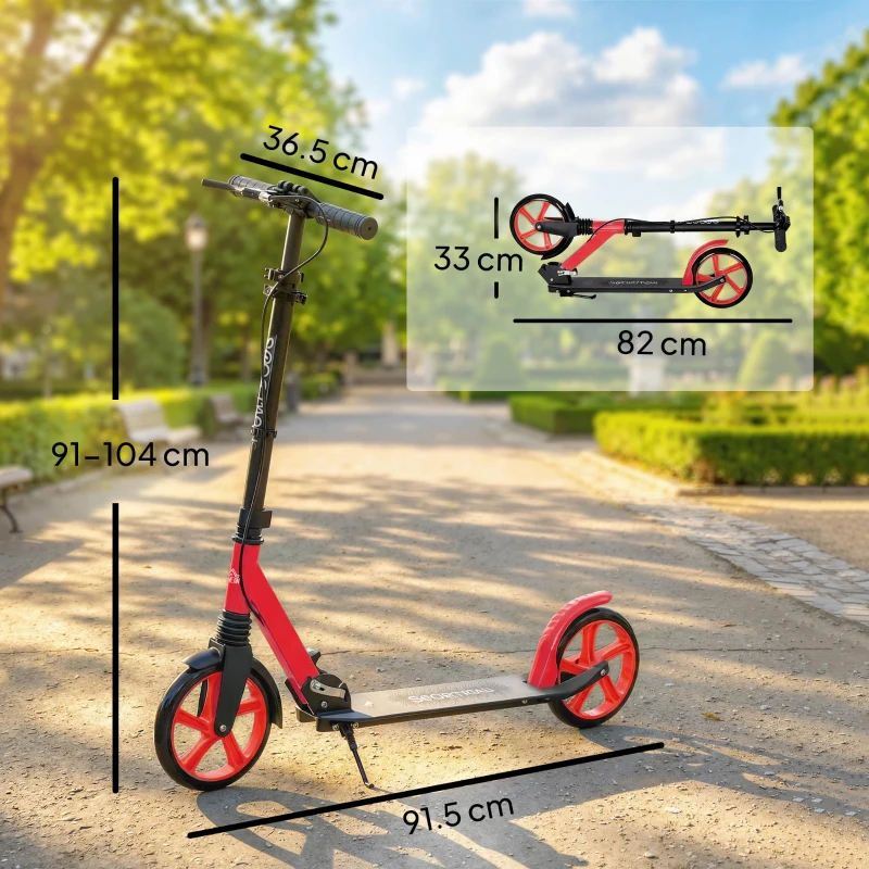 HOMCOM Trotinet Pliabil pentru Adulți și Copii +14 Ani cu Ghidon Reglabil 91,5x36,5x91-104 cm Roșu