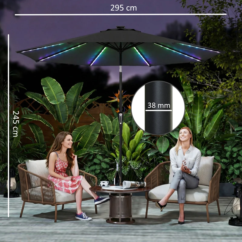 Outsunny 3 m Garden Parasol Umbrella with 112 Solar Powered LED Lights, Patio Umbrella with Crank Handle, Black