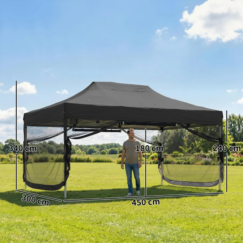 Outsunny 3 x 4.5 m Pop Up Gazebo with Mesh Nettings, UPF50+ Heavy Duty Outdoor Garden Party Tent Marquee, Black