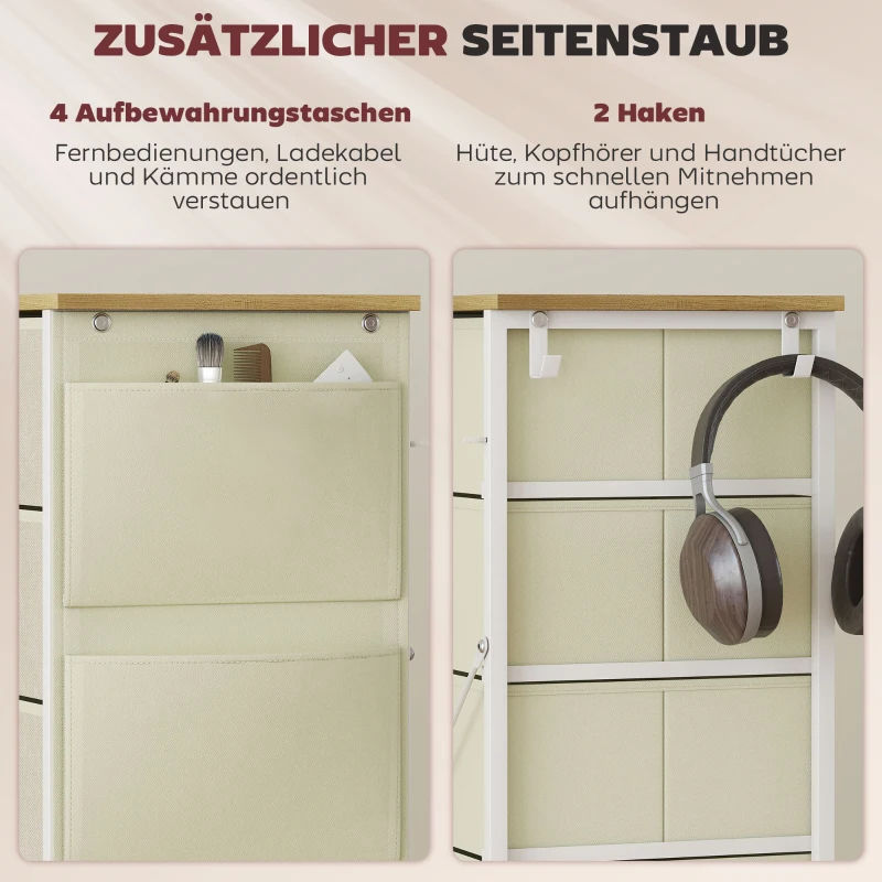 HOMCOM Schlafzimmer-Kommode mit 5 Stoffschubladen, Stahlstreben, Holzoberfläche, 4 Aufbewahrungstaschen, 2 Haken, Beige
