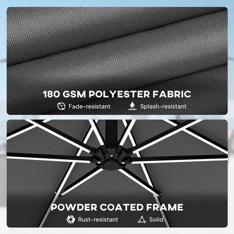 Outsunny 3 m Garden Cantilever Parasol with LED Solar Light, Round Overhanging Umbrella with 360° Rotation, Cover, Grey