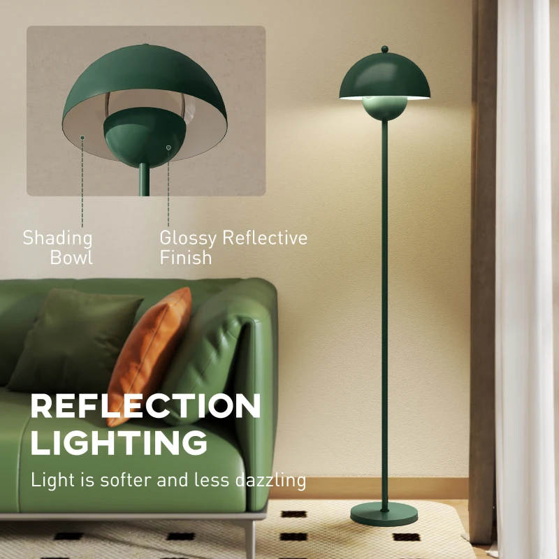 HOMCOM Modern Floor Lamp for Living Room, Tall Standing Lamp with Round Shade Reflecting Light and Foot Switch for Bedroom Office, E27 Holder Without Bulb (40W Max), Green