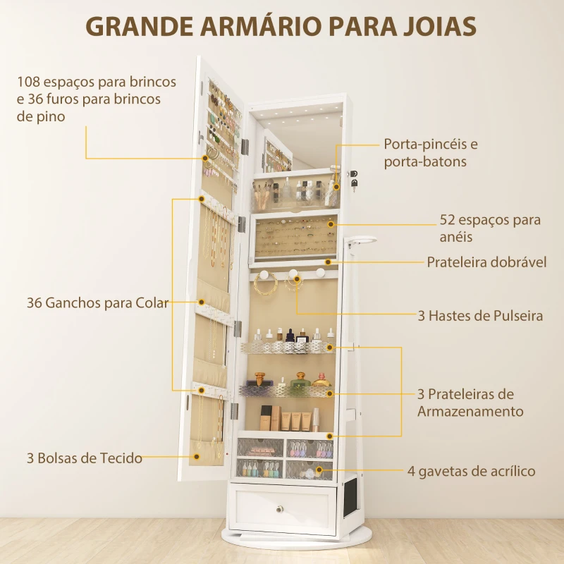 HOMCOM Espelho de Pé Giratório 360° com Espelho com Interior Iluminado Organizador de Jóias com Prateleiras e Gavetas 56x56x164 cm Branco