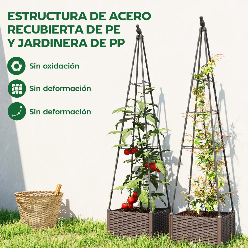 Outsunny Jardinera con Enrejado Metálico para Plantas Trepadoras Maceta de PP con Orificios de Drenaje y Tapones 40x40x175 cm