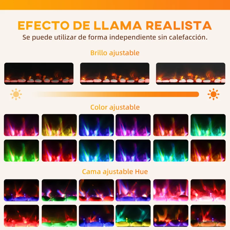 HOMCOM Chimenea Eléctrica Pared Empotrable Ultrafina con Llama 3D Brillo/Velocidad Ajustable y 12 Colores Guijarros 900/1800W