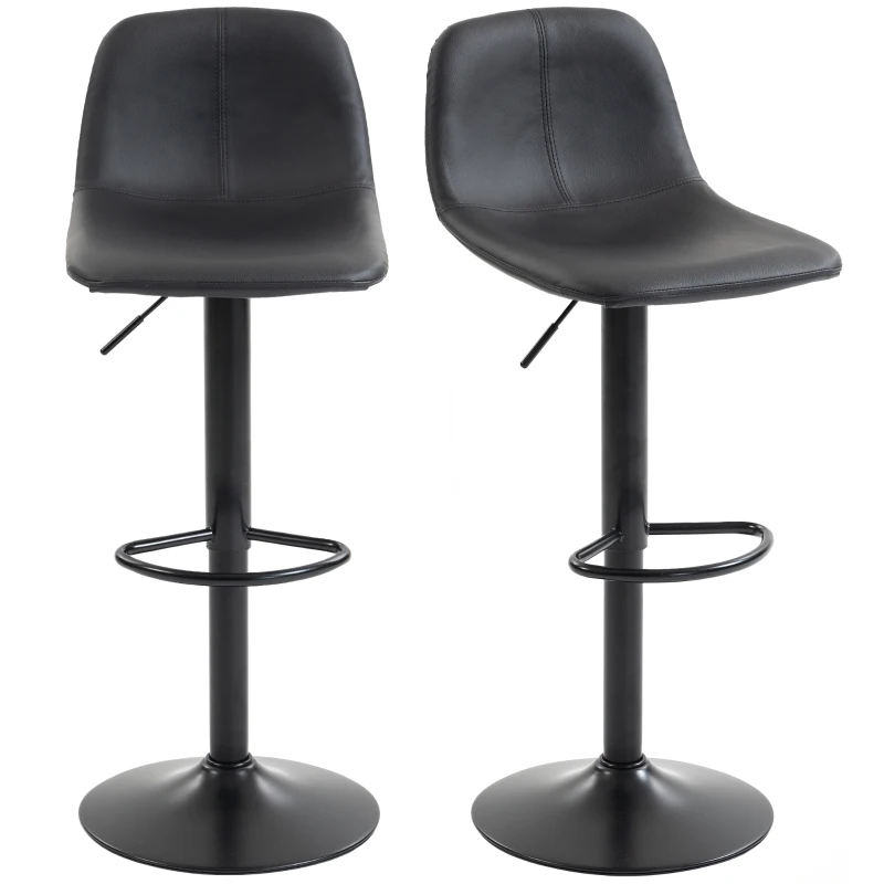 HOMCOM Lote de 2 taburetes de bar, sillas de bar altura regulable, respaldo y reposapiés, giratorio 360°, patas de acero, negro