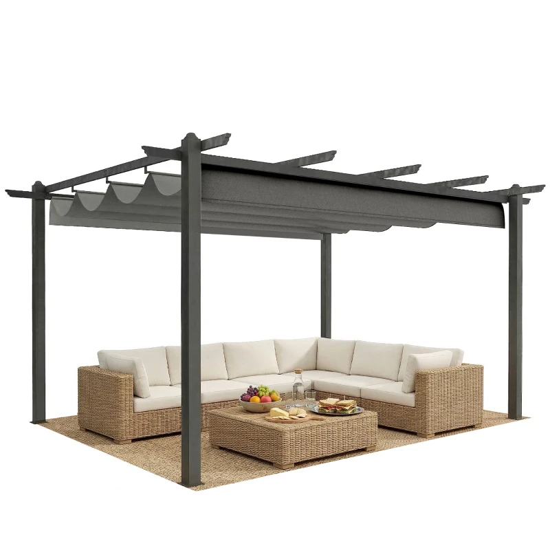 Outsunny 4 x 3(m) Aluminium Pergola with Retractable Roof, Garden Gazebo Canopy Shelter for Outdoor, Patio, Grey