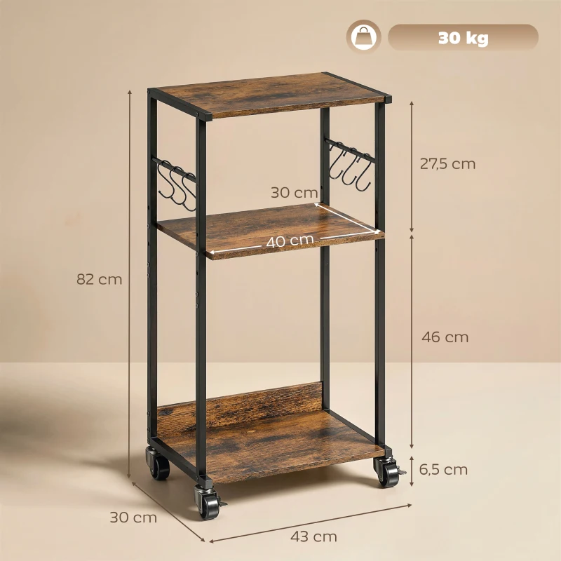 HOMCOM Table d'imprimante industrielle 3 niveaux, roues et crochets, Marron Rustique.