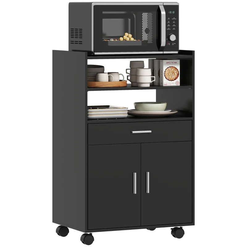 HOMCOM Mueble para Microondas de Madera con Cajón, Armario de 2 Puertas y 2 Estantes, 59x40x92 cm, Negro