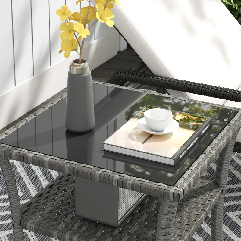 Outsunny Tavolino da giardino in rattan con piano in vetro, 50x50x45 cm, Grigio