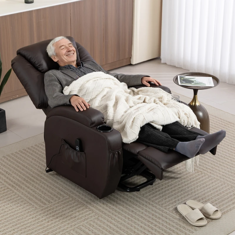 HOMCOM Fotel z funkcją podnoszenia, fotel relaksacyjny z pilotem, uchwytem na napoje, regulowanym oparciem, brązowy