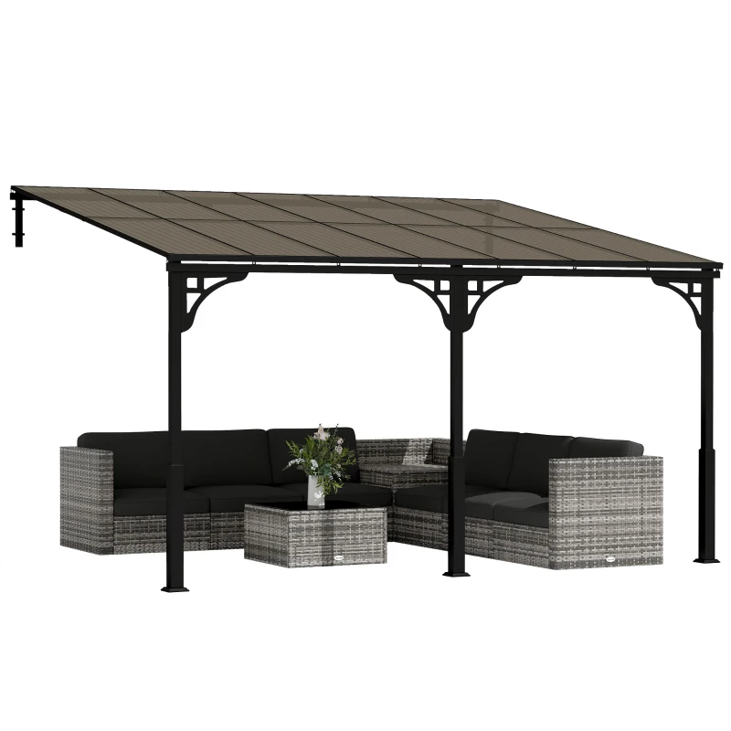 Outsunny 4 x 3 m Metal Lean-to Pergola, Wall-Mounted Garden Pergola with Polycarbonate Roof and Metal-Aluminium Frame, Heavy Duty Hardtop Gazebo for Outdoor Patios, BBQ, Brown